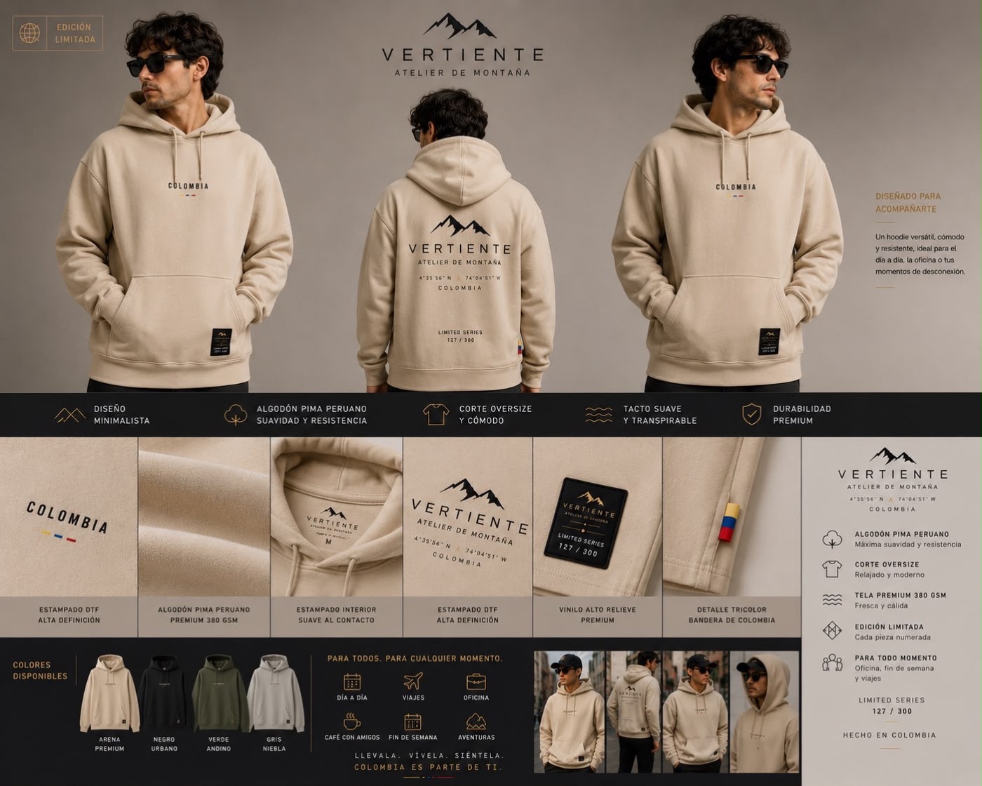 Hoodie Vertiente arena premium para hombre, corte oversize, diseño minimalista con coordenadas de Colombia