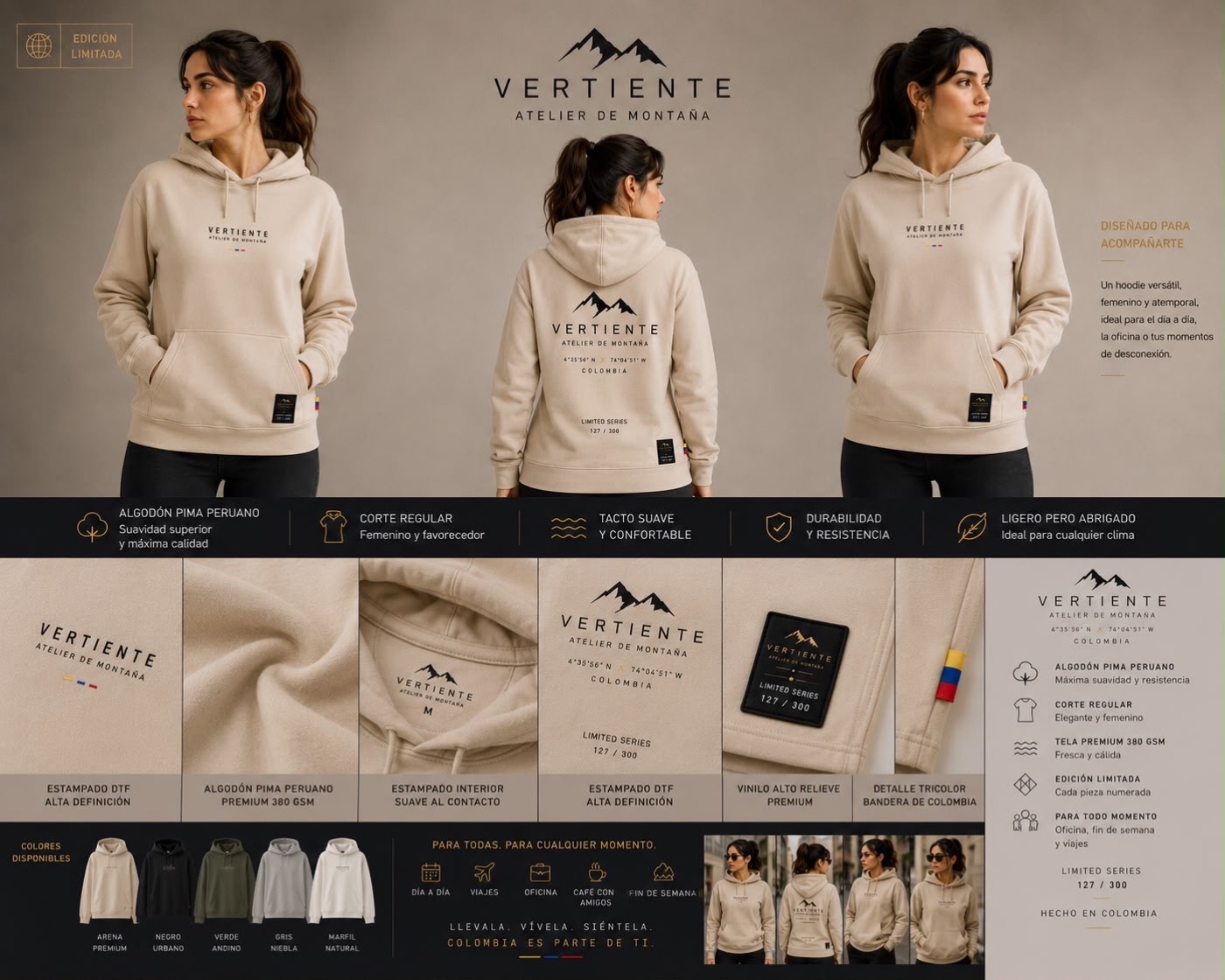 Hoodie Vertiente arena premium para mujer, corte regular, diseño femenino y atemporal
