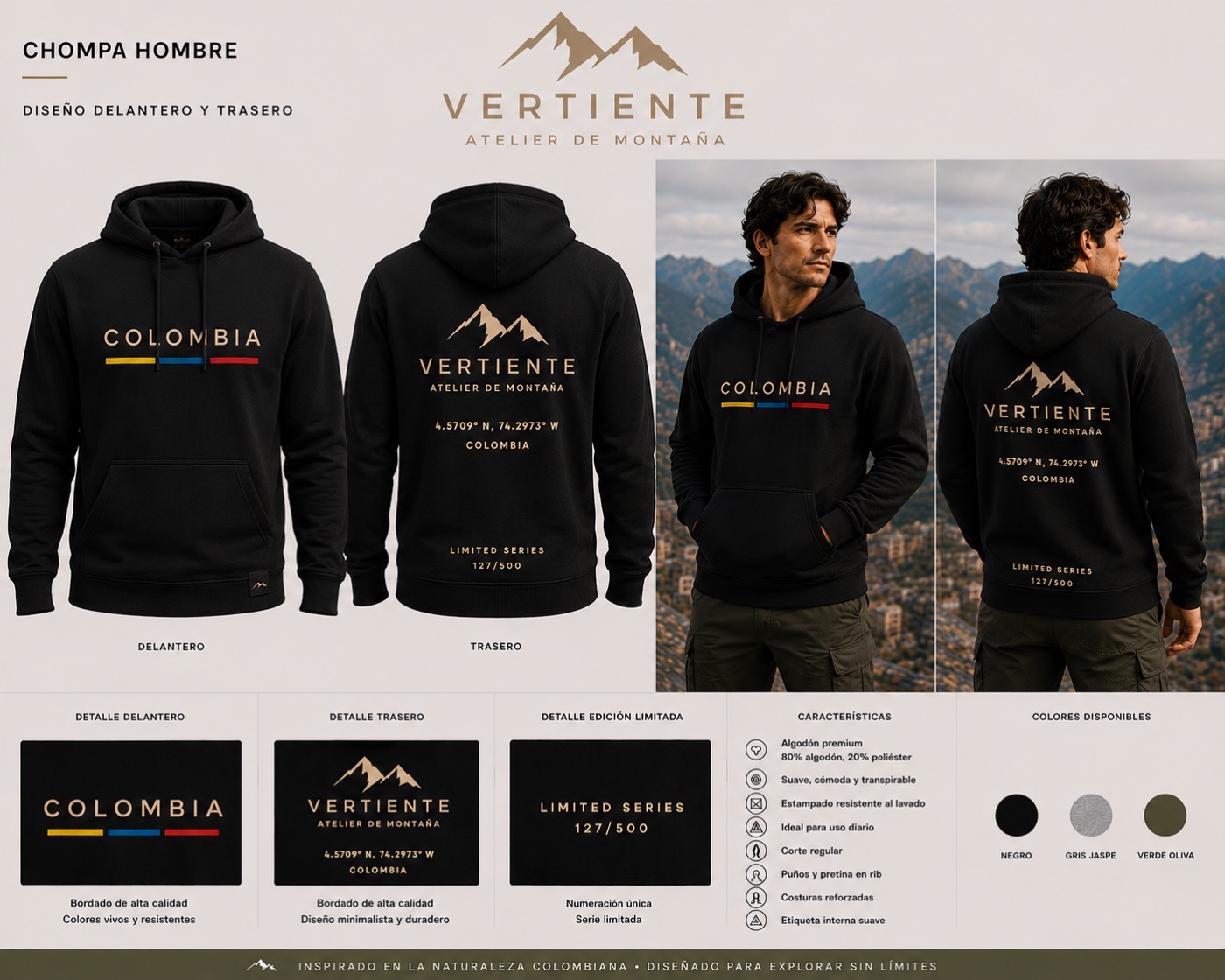 Hoodie Vertiente negro con estampado COLOMBIA, diseño delantero y trasero, hombre