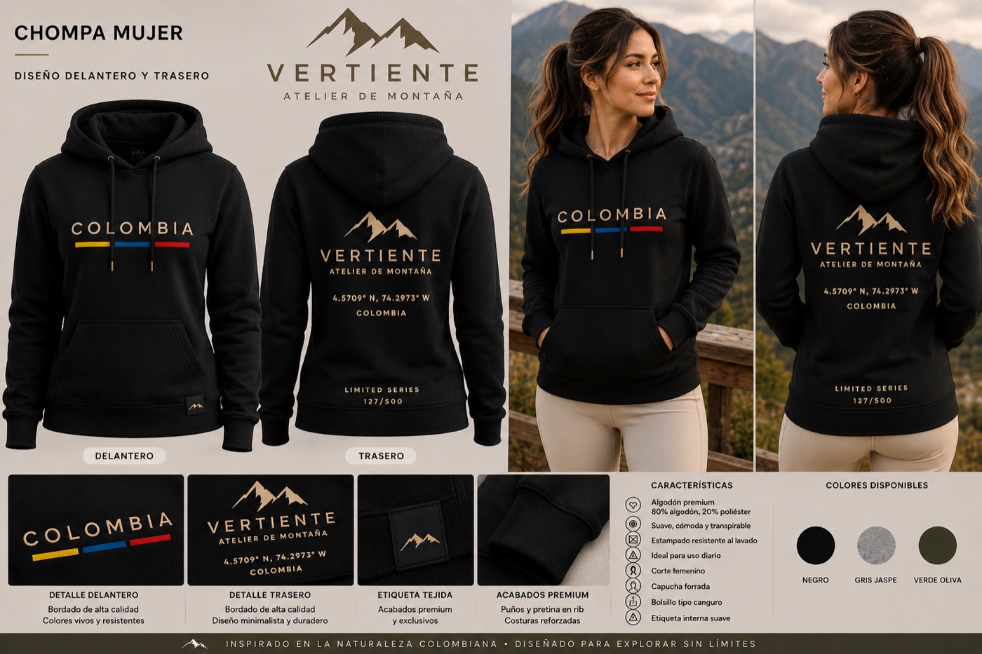 Hoodie Vertiente negro para mujer con estampado COLOMBIA, vista delantera y trasera